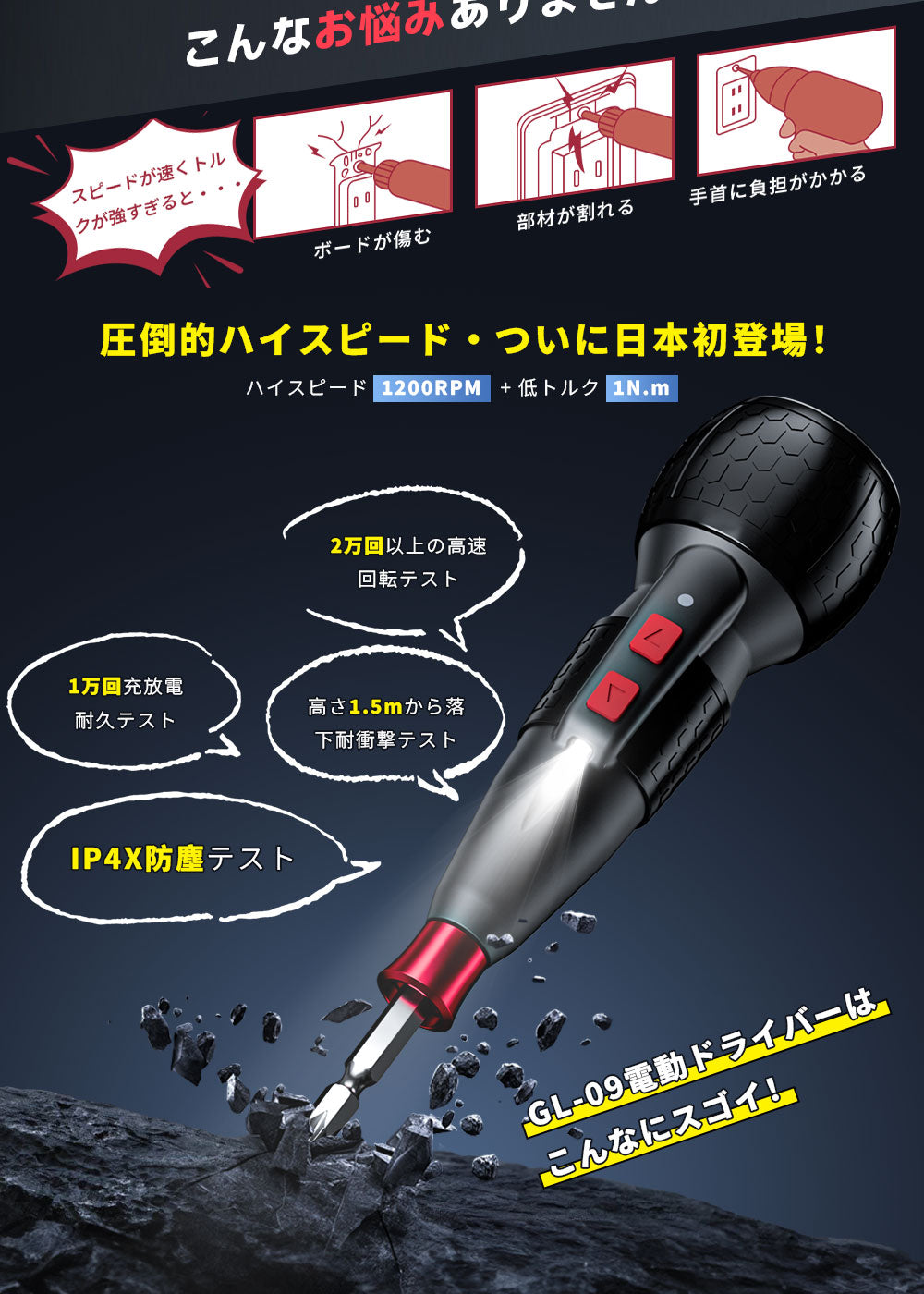 電動ドライバー (型番：GL-09)  電動1N.m 手動12N.m 最高速・1200RPM
